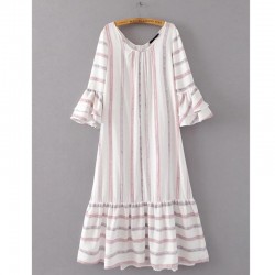 2017 Women Mixed-color Striped Maxi Dress O Neck Butterfly Sleeve Sundress Casual Cotton Linen Summer dresses SYJZ0884 