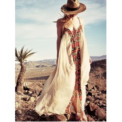 2018 free ship women's boho long dress people floral embroidery strapless dress V-neck sexy backless beach dress holiday dresses