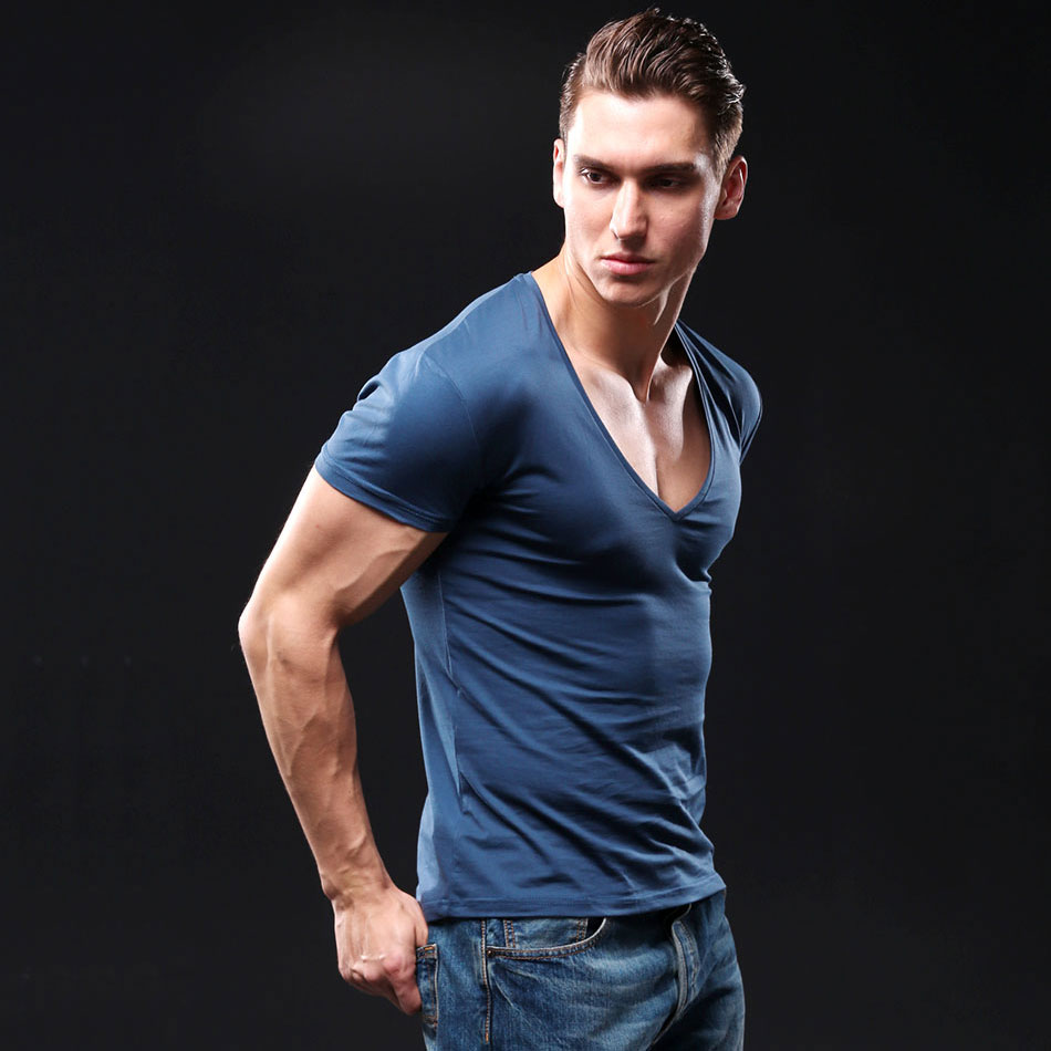 21 Colors Deep V Neck T-Shirt Men Fashion Compression Short Sleeve T ...