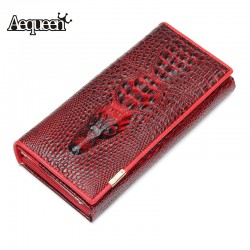 AEQUEEN 3D Crocodile Grain Leather Women Wallets Embossed Alligator Long Wallet Lady Coin Purse Female Clutch Purses Carteira