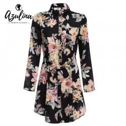 AZULINA Vintage Floral Print Chiffon Shirt Dress Women Spring Summer Long Sleeve Beach Boho Dress Mini Dress Vestidos robe femme
