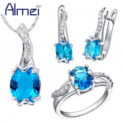 Almei 40%Off Jewelry Set 925 Sterling Silver Zircon Bijoux Cute Red Crystal Wedding Accessories Party Ring For Women Female T232