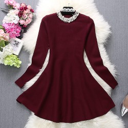 [Alphalmoda] 2017 Spring Women New Pearl Dress Diamond Decored Beads Collar A-line One-piece Flounced Dress 3colors