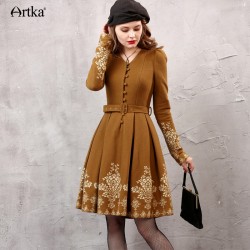 Artka 2017 Autumn Dress Women Cashmere Elegant Dress Female Long Sleeve Vintage Dress Floral Printed Women's Dresses LA10653Q