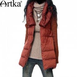 Artka Women'S Autumn Winter Vintage Big Collar Long Sleeve Embroidery Patchwork Midi Thick Puff Down Coat YK17434D