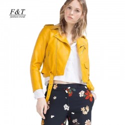 Autumn 2017 Yellow Faux Leather Jackets Women Short Design Long Sleeve Biker Jacket Outwear Leather Jacket Women