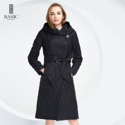 BASIC EDITIONS Spring Autumn Women Long Jacket Thin Cotton Coat Ladies Slim Long Hooded Collar Adjustable Waist Coat - 14S-62
