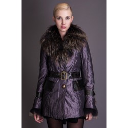 Basic Editions Autumn Fall Metallic Silk Fabric Cotton Coat Jacket with Raccoon Fur Collar and Belt - S050