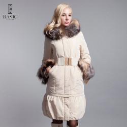 Basic Editions Winter Women Slim Fit Belt Silver Fox Fur Sleeves Down Jacket Coat - DY10128