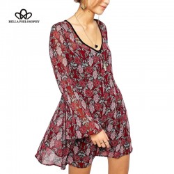 Bella Philosophy spring summer new Women swear wholesale Jacquard floral prints trumpet sleeves V neck backless causal dress