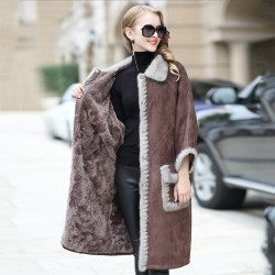 Brand Besty women female luxury western style long full pelt sheepskin coat waist with natural real mink fur turn down collar