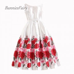 BunniesFairy 2017 Autumn New Hepburn Vintage Style Red Pink Rose Flower Floral Print High Waist Vest Midi Dress New Year Party