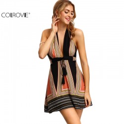 COLROVIE Vintage Backless Halter Women Dresses Summer Sexy Ladies Multicolor Plunge V-neck Tassel Tie A Line Mini Dress