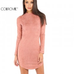 COLROVIE Womens Sexy Dresses Party Night Club Dress Bodycon Dress Sexy Pink Mock Neck Curved Hem Velvet Bodycon Dress 