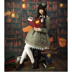 Detective Cat Women's Preppy Style Neck Tie Long Sleeve Lolita Dress Striped Peter Pan Collar Lace Trim Hem One Piece Cute