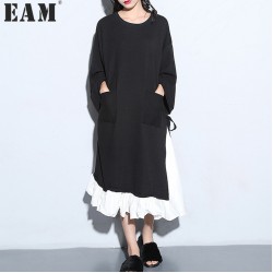 [EAM] 2017 Spring Fashion Trend New Korean Cloose Vent Split Joint Long Sleeve O-Neck Black Dress Woman Y01601