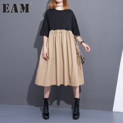 [EAM] 2017 Spring Summer Fashion New Black Khaki Patchwork Dress Loose Ruffle High Waist Corset Dresses Woman T46201
