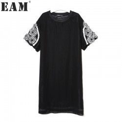 [EAM] 2017 Summer Fashion New Solid Color Long Cotton Mesh Dress Flower Embroidery Dresses Woman T12600