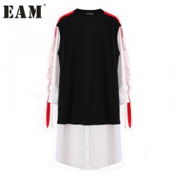 [EAM] 2017 new Spring Round Neck long Sleeve Split Joint hit color black red  False Two Dress women fashion tide J00301