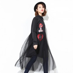 [EAM] 2017 new spring lapel long sleeve solid color split joint printed Gauze black loose dress women fashion tide J07001