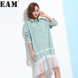 [EAM] Plus size 2017Spring Fashion New Green Strips Split Joint Nail Pearl Gauze Hem Long Sleeve Dress Woman Big sizeY05006