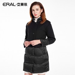 ERAL Women's Winter 2016 Slim Stand Collar Medium-long Down Jacket Wool Patchwork Luxury Outerwear ERAL16039-EDAA