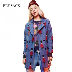 Elf SACK winter p female vintage jacquard cloth double breasted overcoat woolen outerwear female long design