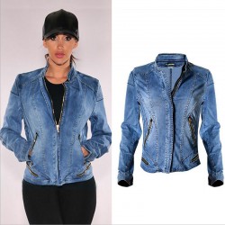 European style women pure cotton denim jacket locomotive model all match fashion sexy more zippers stand collar elastic coat H67