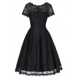 Fashion Summer Dress Women Rockabilly Vestidos Crew Neck Real Picture Elegant Black Lace Dress for Ladies Vintage Dresses