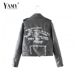 Fashon Street graffiti PU leather Jackets New women zipper turn-down collar Printed Coats Jaquetas De Couro Outwear Plus size