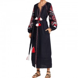HIGH QUALITY Newest 2017 Runway Dress Women's Long Sleeve Charming Retro Embroidered linen Long Dress S-XL