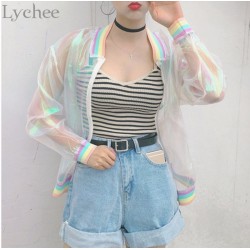 Harajuku Summer Women Jacket Laser Rainbow Symphony Hologram Women BasicCoat Clear Iridescent Transparent Bomber Jacket Sunproof