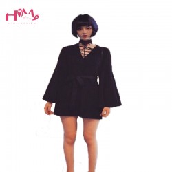 Harajuku V-Neck Bandage Sexy Black Dress Ladies Korean Girl Pagoda Sleeve Long Sleeve Bandage Punk Dress