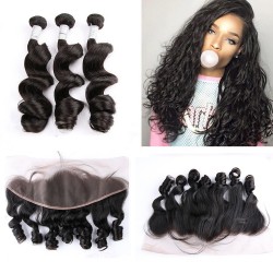 Hot Beauty Hair Pre Plucked Lace Frontal With Peruvian Virgin Hair Loose Wave 3pcs Malibu Dollface Recommend 4pcs/Lot