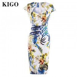 KIGO Summer Women Elegant Party Dresses Flower Print Pencil Sheath Bodycon Dress Vestidos Vintage Pin Up Retro 50s Dress K40