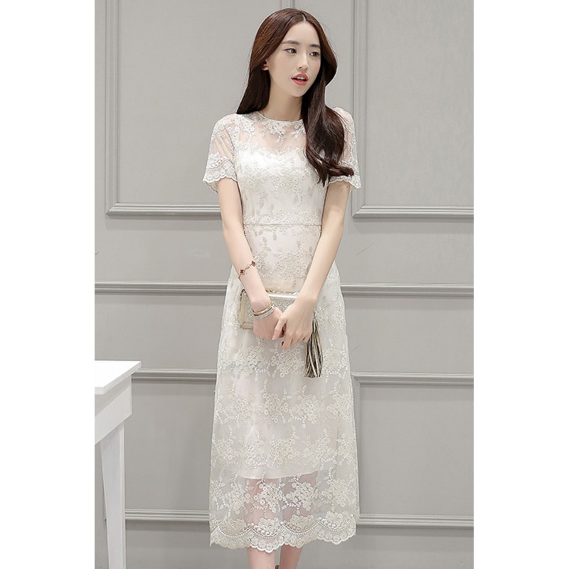 Korean style women short sleeve mesh embroidered beige dress summer 1782LY