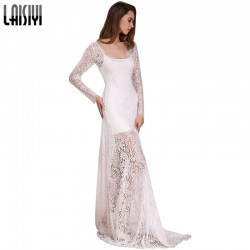 LAISIYI 2017 Sexy Lace Long Dress V-neck Long Sleeve Backless Maxi Dresses Summer Vestidos Plus Size Black White ASDR20034