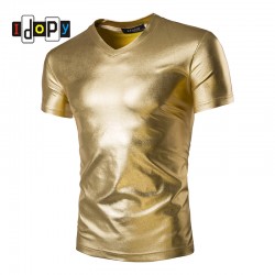 Mens Trend Night Club Coated Metallic Gold Silver T-Shirts Stylish Shiny Short Sleeves Tshirts Tees For Men