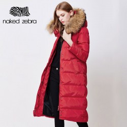 NAKED ZEBRA  Plus Size Women Winter Long Duck Down Jacket Fur Collar Lady Hooded Clothing Ultra Light Slim Brand Down Coat 