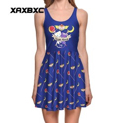 NEW 1269 Sexy Girl Women Summer cartoon Sailor moon Team Moon Cat Luna 3D Prints Reversible Sleeveless Skater Pleated Dress