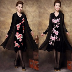 New 2016 Autumn Women Plus size floral embroidery  Dress faux two vintage dress high-end middle age gold velvet dress XXXXL