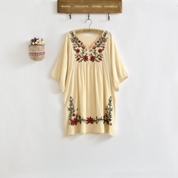New 2018 Spring Summer Vintage 70s Mexican Ethnic Floral EMBROIDERED Hippie Blouse DRESS Women Clothing Vestidos S M L Plus Size