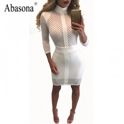 New Arrival 2017 Winter Sexy Bandage Bodycon Party Dresses Turtleneck Long Sleeve Elegant White Sheer Mesh Lace Dress