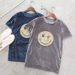 New Fashion 2017 Spring Summer Cute Smile Pattern Velvet T Shirt Women Tops Short Sleeve Loose Oversize Women's tshirts Tees p35