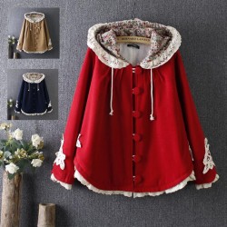 New Winter Women Jacket Japanese Style Mori Girl Flower Lace Patchwork Long Sleeve Hooded Wool Plus Velvet Warm Outerwear Coats