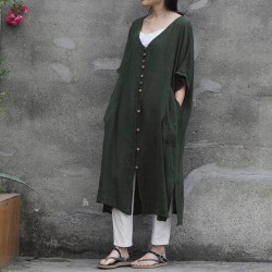 New Women Linen Raglan Short Sleeve Dress Literary 2018 Summer V Neck Single Breasted Cardigan Robe Loose Plus Size Casual Dress