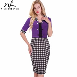Nice-forever Faux Jacket Vintage Elegant Patchwork Summer Women Plaid Contrast Work Dresses Buttons Bodycon Pencil dress B222