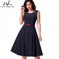 Nice-forever New Brief Elegant Ladylike Vintage Charming With Belt  Print Geometry Sleeveless Ball Gown Formal Woman Dress A011