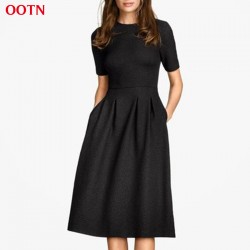 OOTN classic black dress textured dress zip jersey flared spandex unlined chic mid-calf dresses women vintage dress