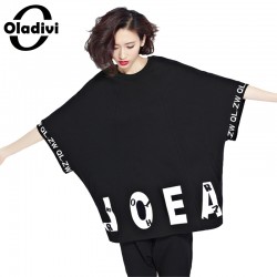 Oladivi Plus Size Women T-Shirt Letter Printing Batwing Sleeve Tumble Tops Tees Shirts Cotton Short Design Female Fashion Tunics